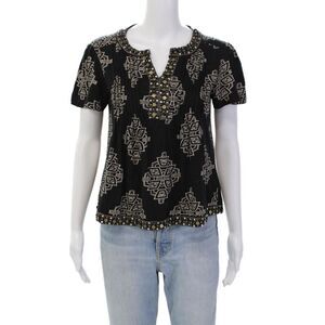Akemi Kin Womens Printed Jeweled Blouse Black Beige Cotton Size Extra Small